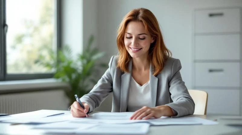 Frau bespricht Unterlagen in einem hellen Buero mit Blick auf die Hanauer Innenstadt