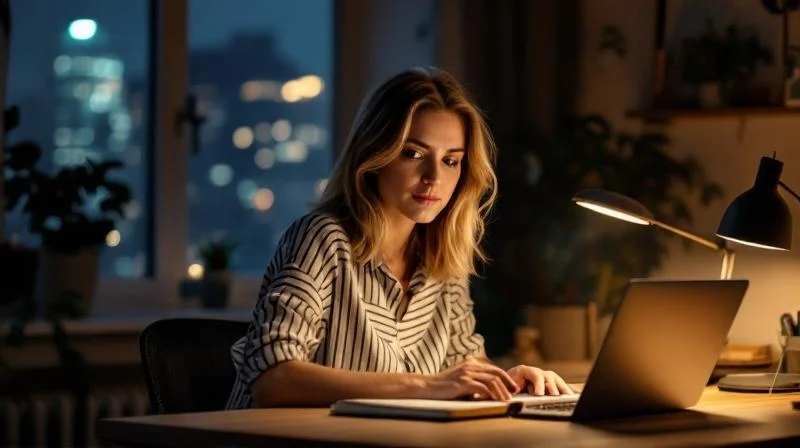 Frau studiert am Abend am Laptop in Hanau