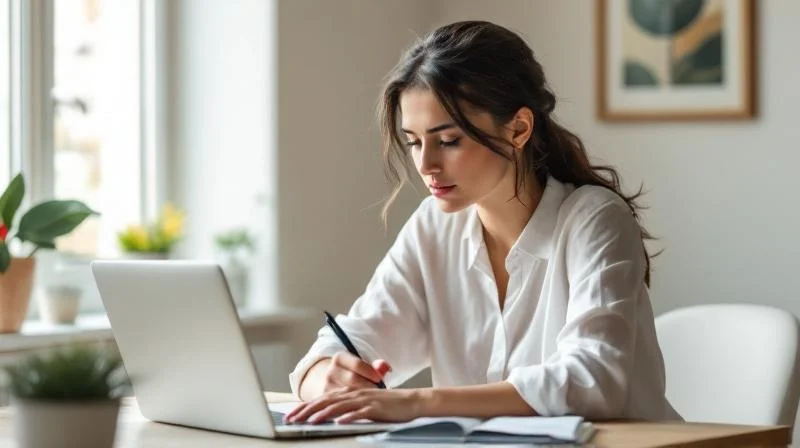 Frau lernt am Schreibtisch in einem hellen Homeoffice in Hanau