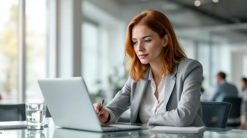 Mann sitzt am Schreibtisch in einem hellen Buero in Hanau und lernt online fuer seine Weiterbildung