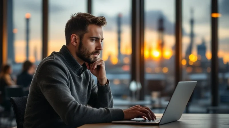 Hanauer Angestellter im Büro mit Laptop, im Hintergrund Industriekulisse mit Industriepark Wolfgang
