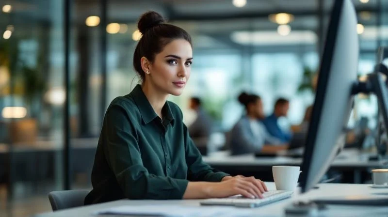 Frau am Laptop in einem modernen Buero in Hanau