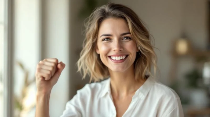 Frau haelt freudig ein Zertifikat in der Hand an einem Schreibtisch in Hanau