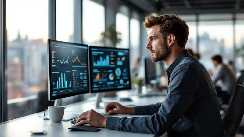 Quereinsteiger in einem Hanauer Unternehmen am Arbeitsplatz, arbeitet konzentriert an Dashboards und KI-Tools
