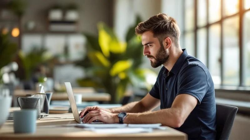 Mann arbeitet konzentriert am Laptop in einem modernen Buero im Rhein-Main-Gebiet