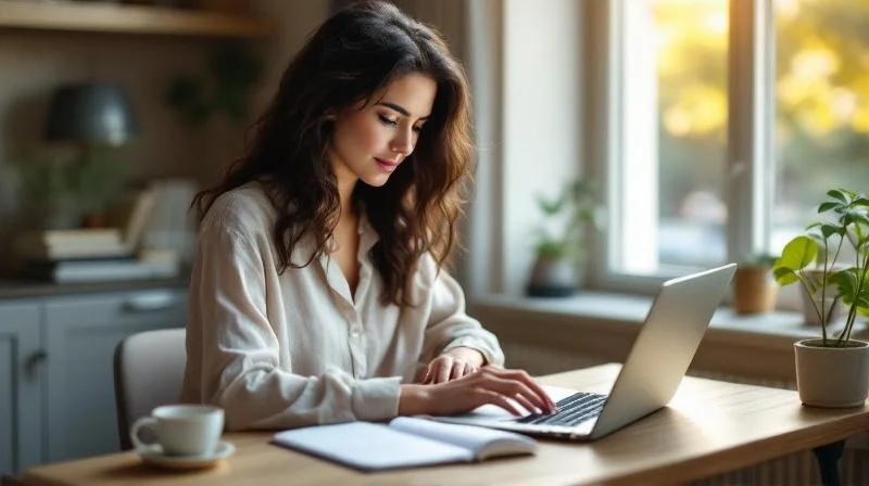 Frau lernt am Laptop in einem hellen Raum mit Blick auf Hanau